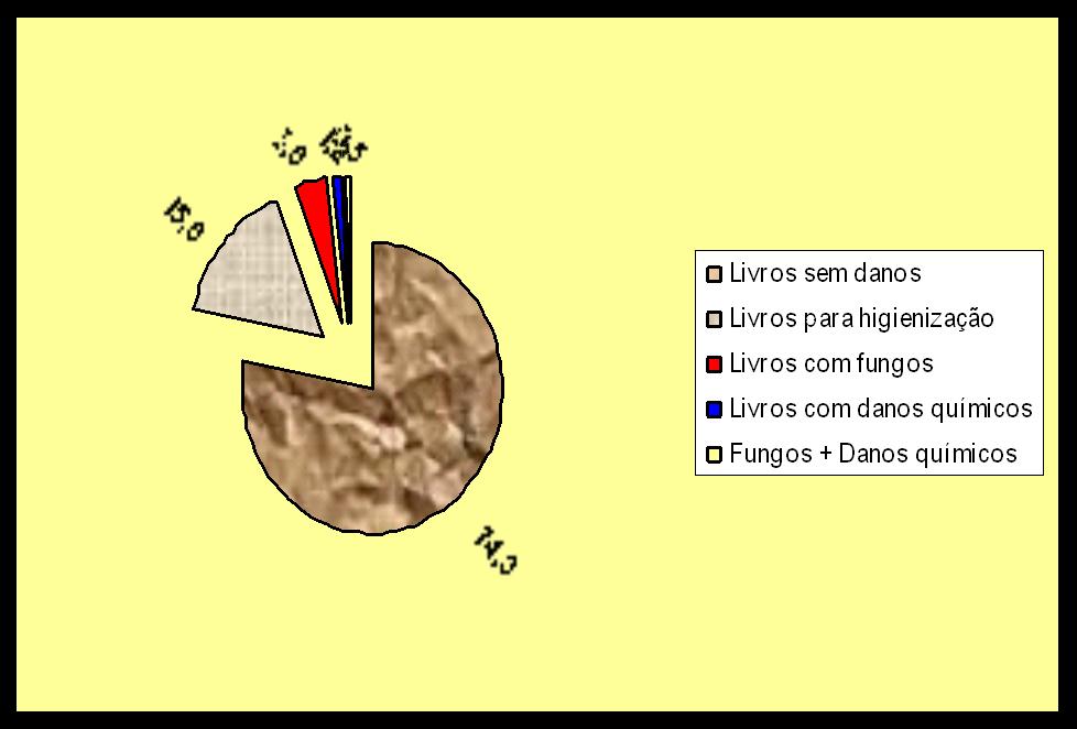 O resultado da vistoria realizada no acervo identificou 3343 livros sem danos; 70 livros para serem higienizados e aerados; 250 livros retirados de consulta para tratamento.