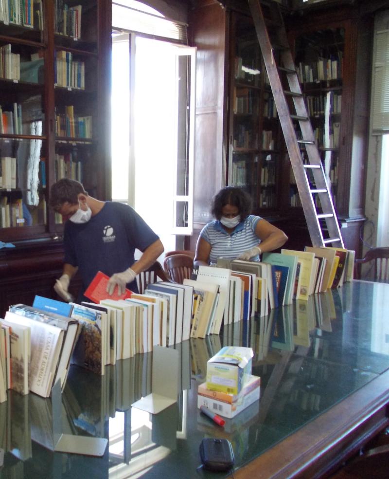 em pé. Os livros com necessidade de higienização foram retirados da biblioteca, por grupos, de acordo com o andamento da higienização.