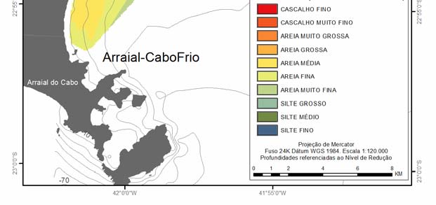Figura 02: Diâmetro médio interpolado a partir de 394 amostras de sedimentos costeiros representando a antepraia e a plataforma continental interna entre o Cabo Frio e o Cabo Búzios.