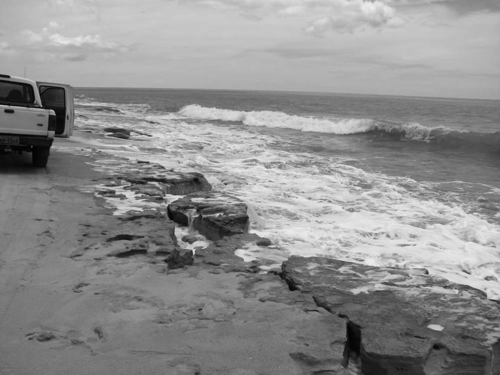 Figura 3 Beachrock em praia reflectiva. As praias são áreas recobertas de areias ou pedregulhos, compreendidas entre o nível de maré baixa e maré alta.