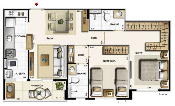 VENT RESIDENCIAL Apartamento decorado 2 quartos Área = 64m² Cozinha americana na planta padrão 100% Revestido piso e paredes Piso em porcelanato