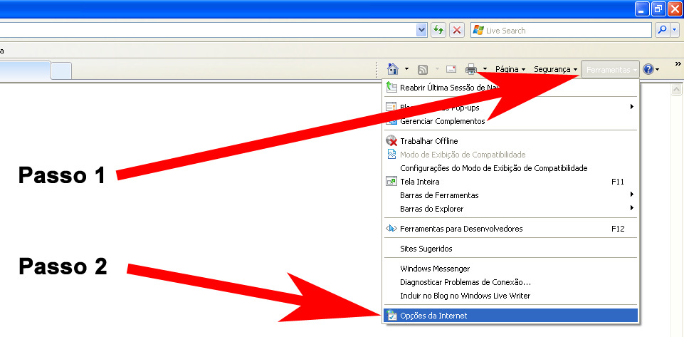 4 Configuração do Proxy no Internet Explorer A Para configurar o Internet Explorer realize os seguintes passos: Passo 1 - Acesse o menu Ferramentas, conforme
