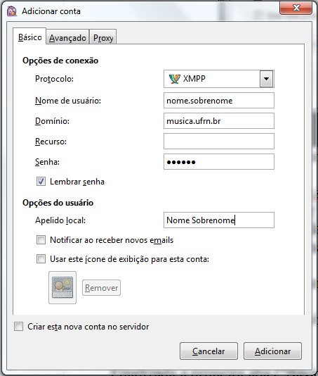 A aparência da caixa irá mudar um pouco. Você deve preenchê-la da seguinte maneira. Nome de Usuário: nome.sobrenome (Digite aqui seu nome e sobrenome) Domínio: musica.ufrn.