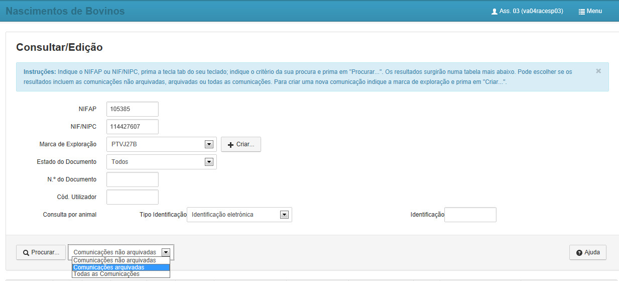 7. ARQUIVAR REGISTO DE NASCIMENTOS 7.1. Arquivar Após a submissão de uma comunicação de nascimentos de bovinos, é possível arquivar a mesma.