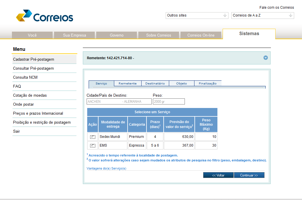 peso e dimensões registrados na tela anterior.