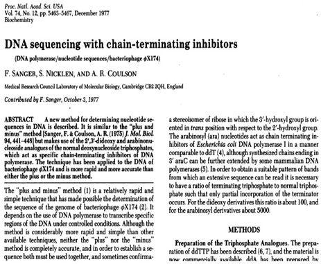 Inventou o método dideóxi para o sequenciamento do DN 1977: sequencia, pela