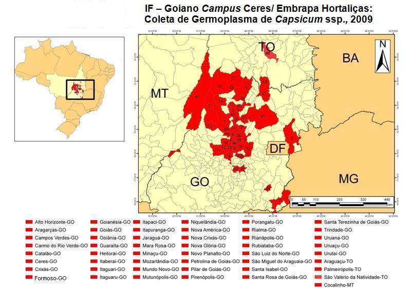 Figura 1: Cidades nas quais ocorreram as coletas de germoplasma de pimenta O município com maior representatividade foi Ceres, com 73 materiais.