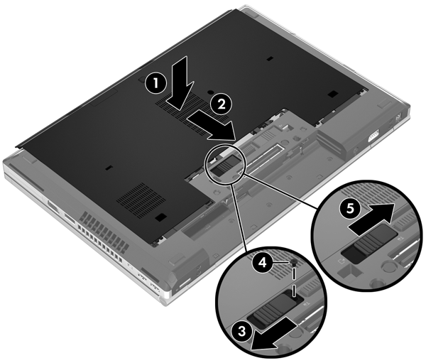 Para voltar a colocar a tampa inferior: 1. Incline a tampa inferior para alinhar a extremidade dianteira da tampa inferior junto da extremidade dianteira do computador (1). 2.