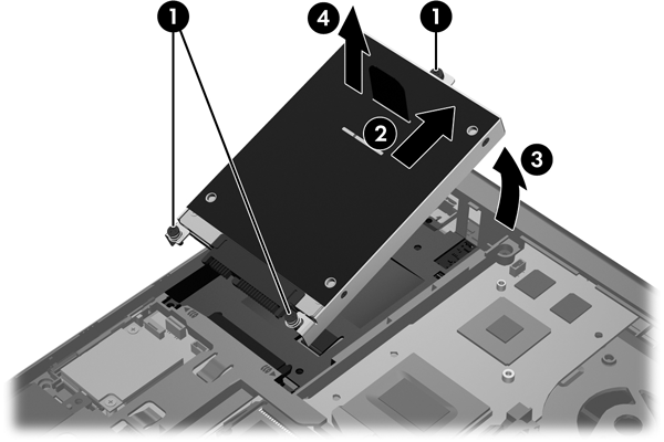 9. Utilize a patilha de plástico para inclinar a unidade de disco rígido do lado do conector (3) e retire a unidade de disco rígido (4) do computador.