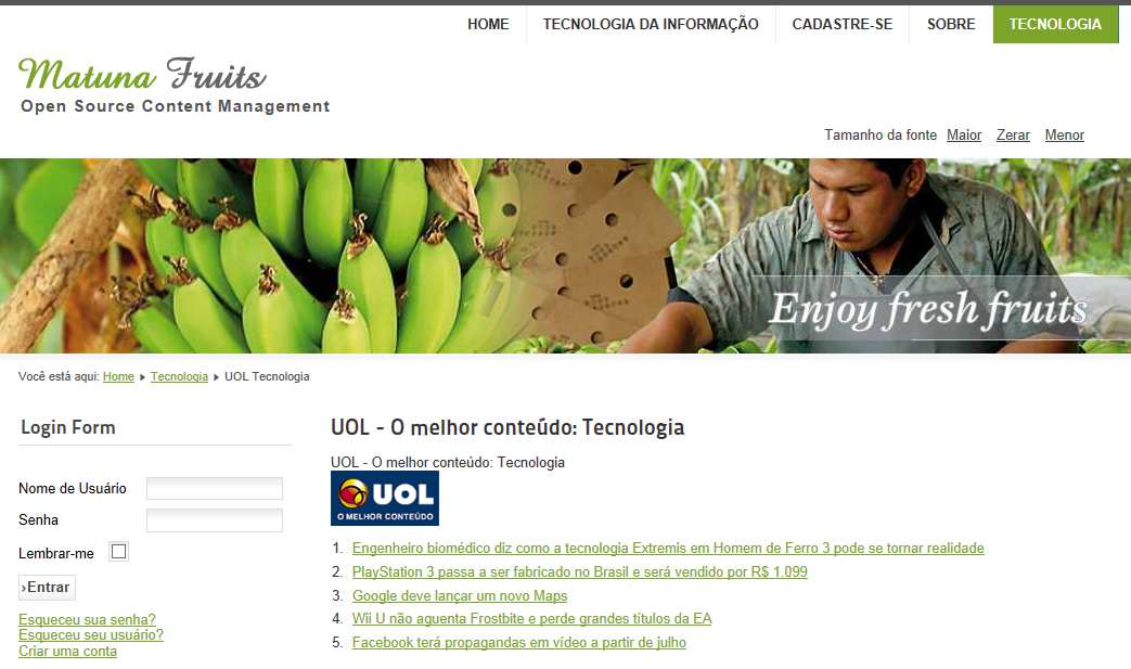 Clique em Salvar & Fechar e Visualize seu site. Clique sobre o nome do Feed para exibir as últimas notícias do mesmo.