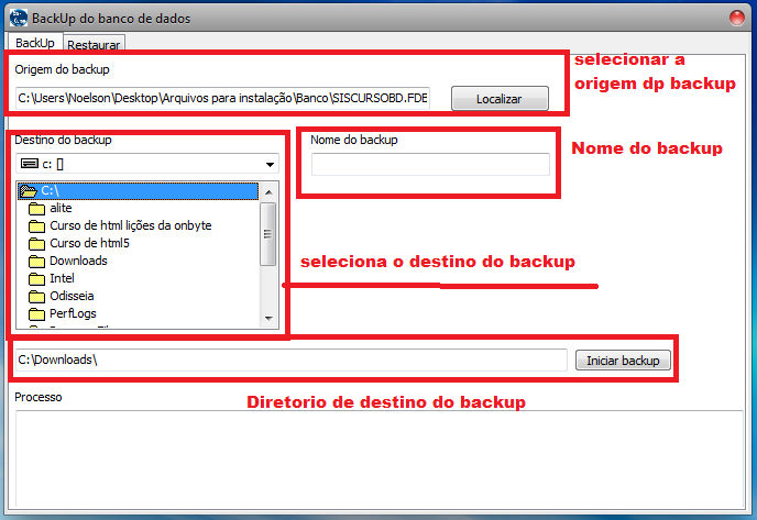 Processo de backup e restauração. É de extrema importância que se faça um backup do banco de dados com frequência. Para isso acesse o menu extra e selecione a opção Backup. Veja a janela que surge.