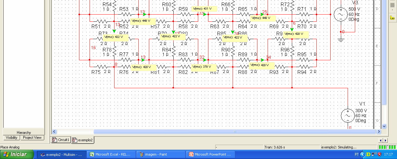 Figura 5. Implementação do problema em MultiSIM com leitura de tensão em faces. 3.