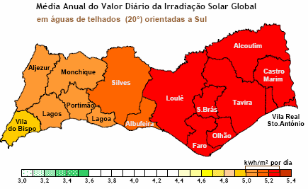 Na figura abaixo pode observar-se a média anual do valor diário da irradiação solar global em águas de telhados (20º) orientados a sul a e a média anual do valor diário da irradiação solar global na