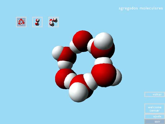 a) b) c) Figura 6: Agregados moleculares da água: a) dímero (H 2 O) 2 ; b) trímero (H 2 O) 3 e c) hexâmero (H 2 O) 6, com a forma de um