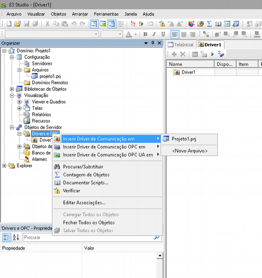 3.8 - Passo 8: Drivers e OPC Na árvore de seleção do lado esquerdo do Elipse E3,selecionar para expandir a opção Objetos do servidor,depois clicar com o botão