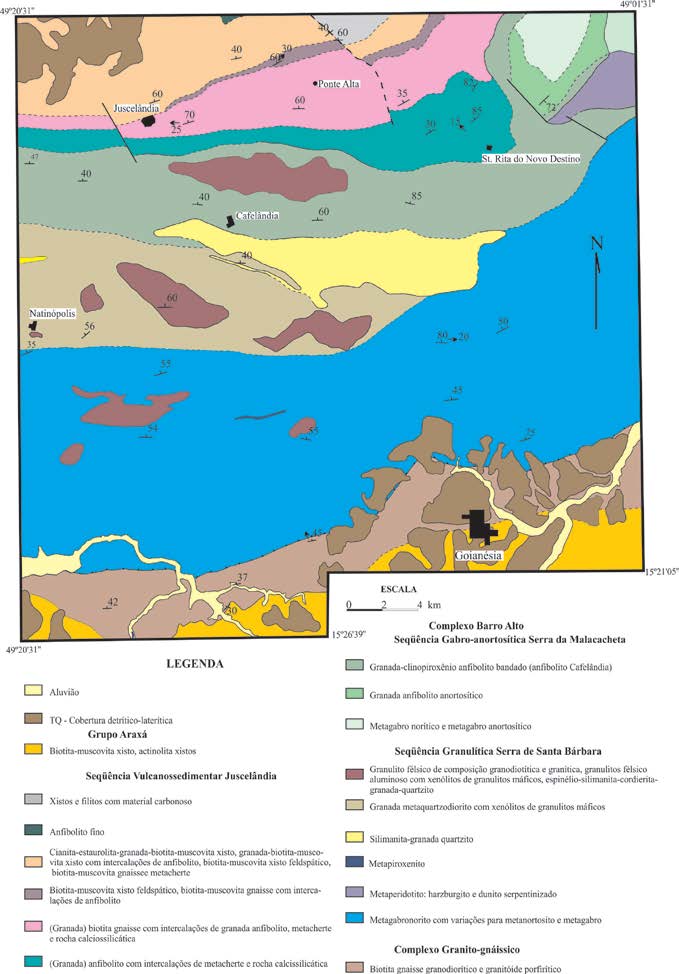 BAR-11 BAR-10 BAR-04 Figura 6: Mapa geológico esquemático da Seqüência Juscelândia e parte do Complexo Barro Alto, incluindo o anfibolito Cafelândia, na região de Goianésia. Modificado de Fuck et al.