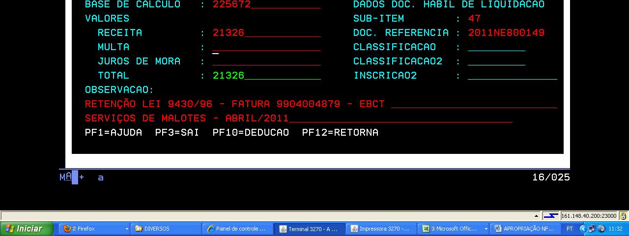 20. SIAFI ATUCPR ( Retenção dos Impostos ) DATA VENC. e DATA PGTO: Informar nestes campos a data programada para pagamento da NF. RECOLHEDOR: CNPJ da EBCT ( já informado pelo sistema ).