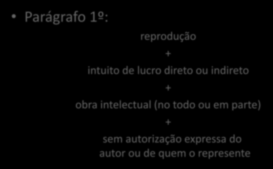 Código Penal Parágrafo 1º: reprodução + intuito de lucro direto ou indireto + obra intelectual (no todo ou em parte) + sem