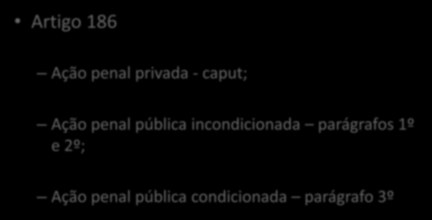 Código Penal Artigo 186 Ação penal privada - caput; Ação penal pública incondicionada parágrafos 1º e 2º; Ação