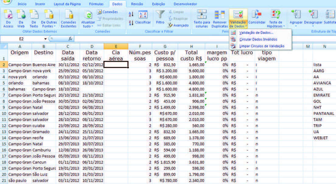 Anexo4 Validação de dados e listas Curso Capacitação da Ufms 2012 Baseado na planilha abaixo, foi criada uma lista para validar os dados que serão inseridos na coluna E, Cia aérea.