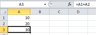 Entrada de dados Fórmulas: Uma fórmula pode ter valores ou endereços (referências) de outras células OBS: A célula A3 recebe o resultado da fórmula