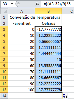 Para calcular as temperaturas em C para as linhas B4 até B13 basta selecionar a célula B3(que