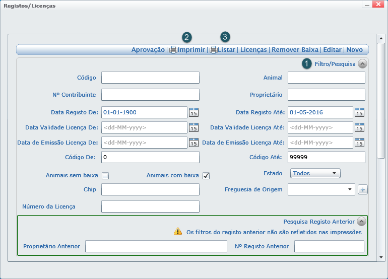 Filtros de pesquisa, mapas e listagens Em cada formulário são disponibilizados vários filtros de pesquisa de informação sempre de acordo com a necessidade de pesquisa para cada formulário.