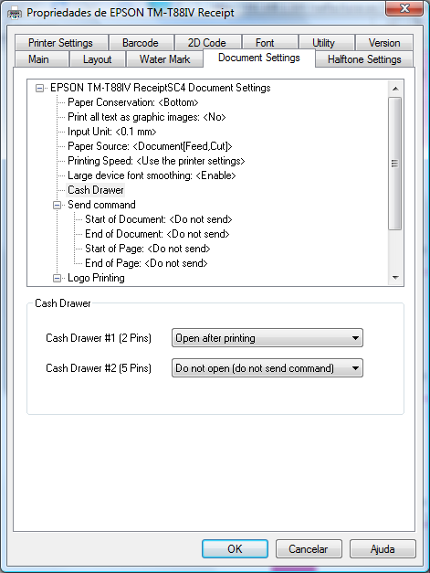 (Fig. 5) Na nova janela, escolha o separador Document Settings, e na lista de opções selecione a linha Cash Drawer. As configurações para esta opção surgirão em baixo.