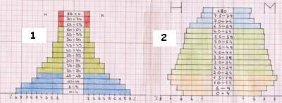 1. A pirâmide( ) tem uma taxa de natalidade elevada. 2. Na pirâmide( ) a esperança média de vida é reduzida. 3. A população da pirâmide( ) está envelhecida. 4.