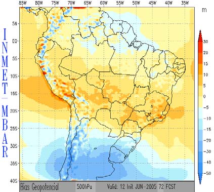 Para o campo de Pressão Reduzida (hpa) na figura 3, os resultados são semelhantes ao campo do geopotencial em 500 hpa, com destaque para a previsão de 12 horas, onde o MBAR (3a) apresenta melhores