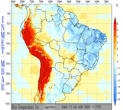 c) LAPS 12 horas de previsão d) LAPS 72 horas de previsão Figura 5 BIAS da Temperatura a 2m, com inicialização as 12UTC para o MBAR (12 horas (a) e 72 horas (b)) e MBAR-LAPS (12 horas (c) e 72 horas