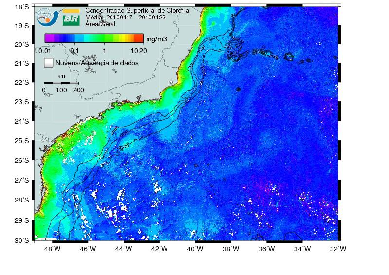 Figura 1. Imagem média semanal (17-23/04/2010) da concentração de clorofila na superfície do mar estimada pelo sensor MODIS ilustrando a costa sudeste brasileira, oceano Atlântico sudoeste.