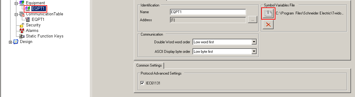 Clicar em Equipment, e no ícone do Symbol Variables File