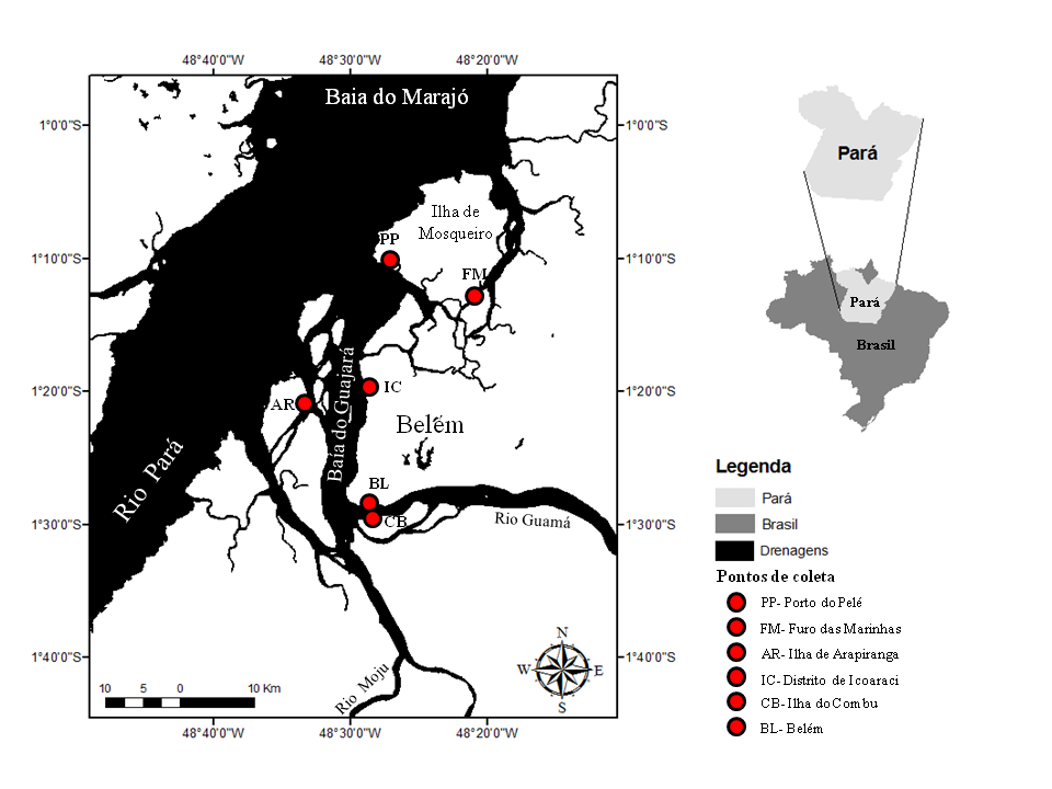 25 3. METODOLOGIA 3.1. Área de estudo A Baía do Guajará faz parte do estuário amazônico, situada à oeste da cidade de Belém, à qual vem desaguar os rios Guamá e Moju (Figura 1).