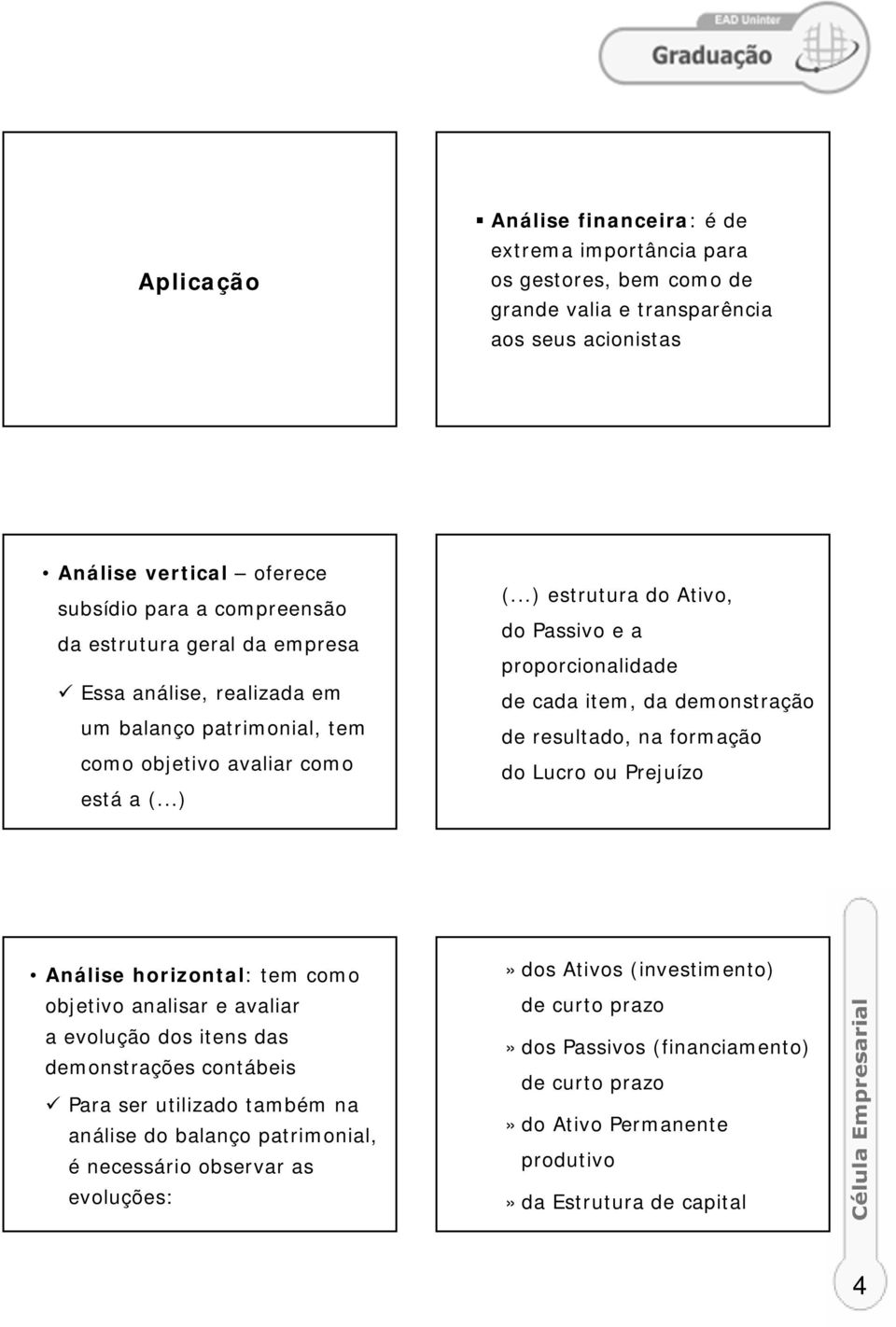 ..) estrutura do Ativo, do Passivo e a proporcionalidade de cada item, da demonstração de resultado, na formação do Lucro ou Prejuízo Análise horizontal: tem como objetivo analisar e avaliar a