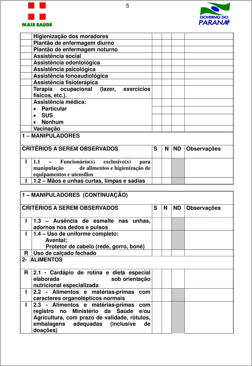 1 uncionário(s) exclusivo(s) para manipulação de alimentos e higienização de equipamentos e utensílios I 1.