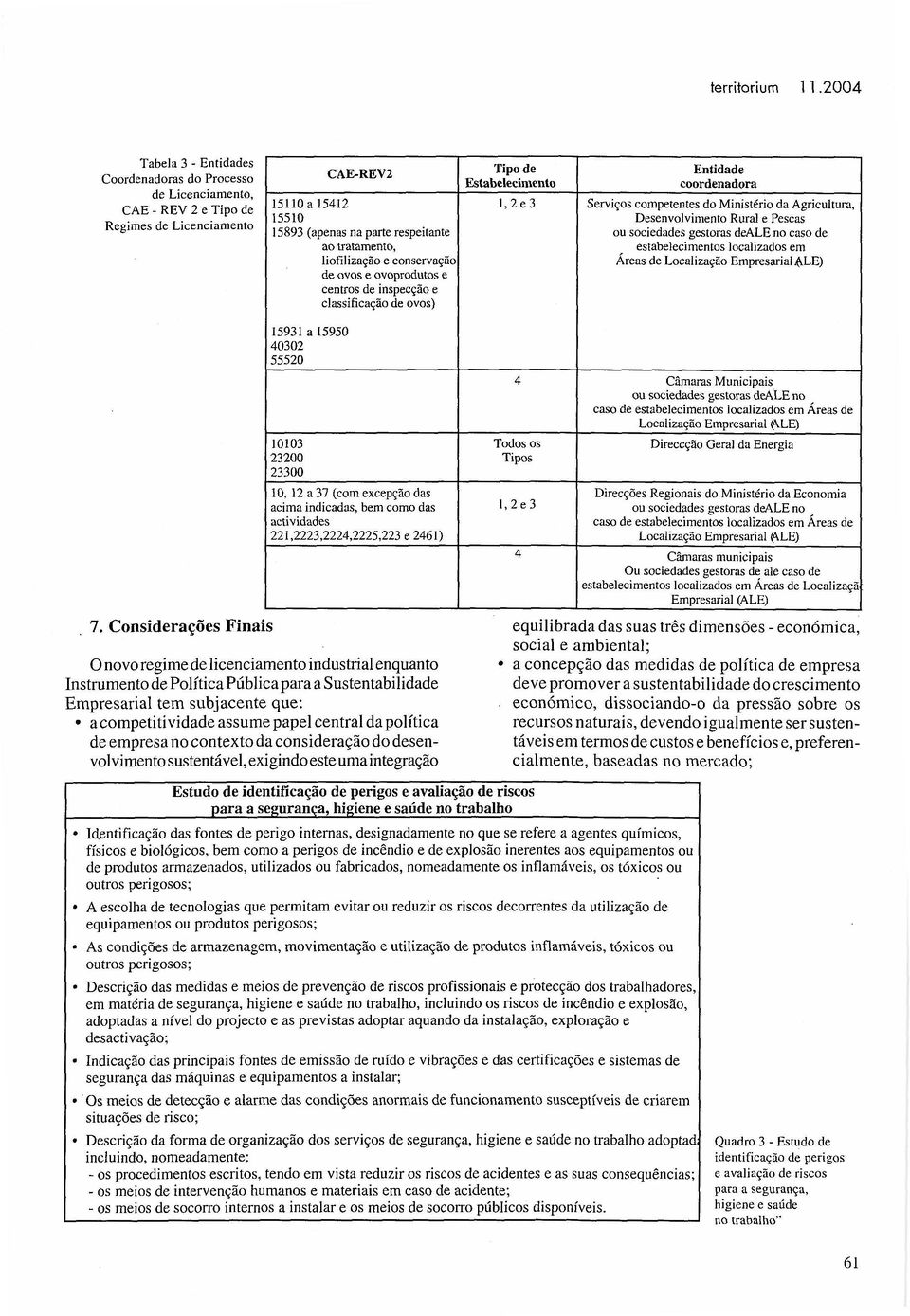 liofilização e conservação de ovos e ovoprodutos e centros de inspecção e classificação de ovos) Tipo de Entidade Estabelecimento coordenadora I, 2 e 3 Serviços competentes do Ministério da