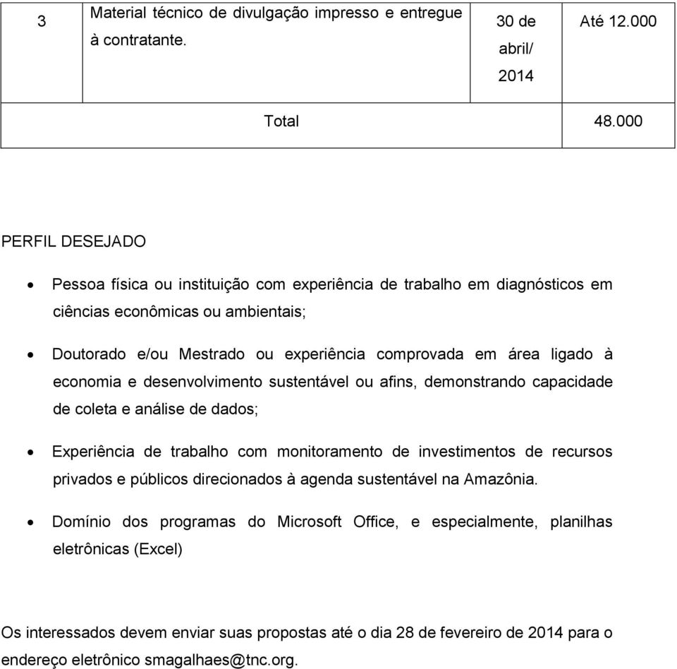 área ligado à economia e desenvolvimento sustentável ou afins, demonstrando capacidade de coleta e análise de dados; Experiência de trabalho com monitoramento de investimentos de recursos