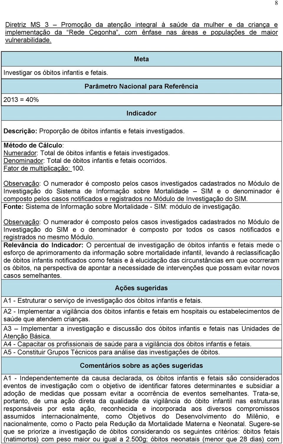 Método de Cálculo: Numerador: Total de óbitos infantis e fetais investigados. Denominador: Total de óbitos infantis e fetais ocorridos. Fator de multiplicação: 100.