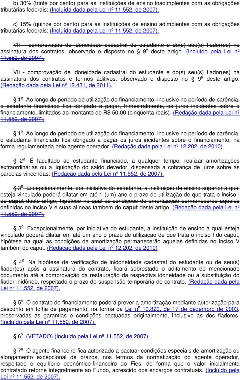 VII comprovação de idoneidade cadastral do estudante e do(s) seu(s) fiador(es) na assinatura dos contratos, observado o disposto no 9 o deste artigo. (Incluído pela Lei nº 11.552, de 2007).