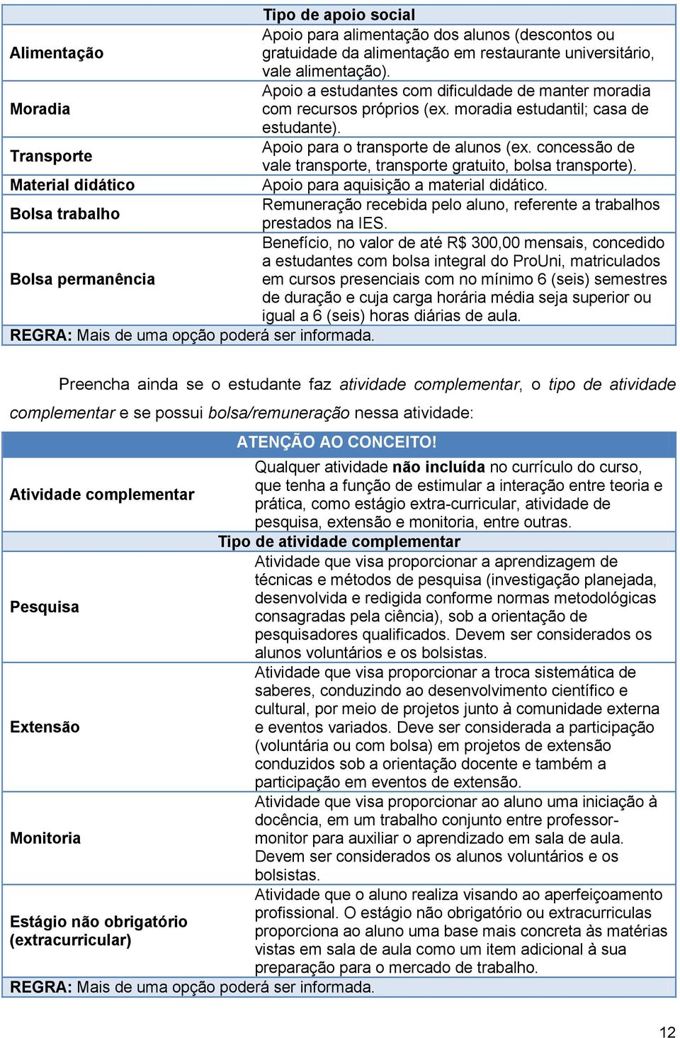 concessão de Transporte vale transporte, transporte gratuito, bolsa transporte). Material didático Apoio para aquisição a material didático.