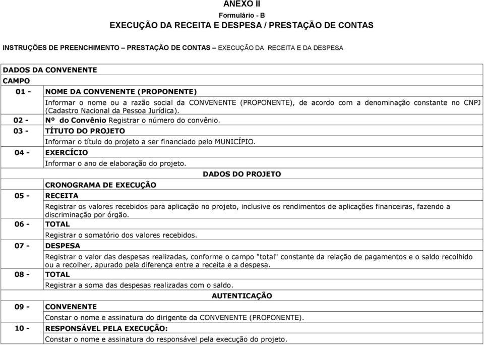 CRONOGRAMA DE EXECUÇÃO 05 - RECEITA DADOS DO PROJETO Registrar os valores recebidos para aplicação no projeto, inclusive os rendimentos de aplicações financeiras, fazendo a discriminação por órgão.