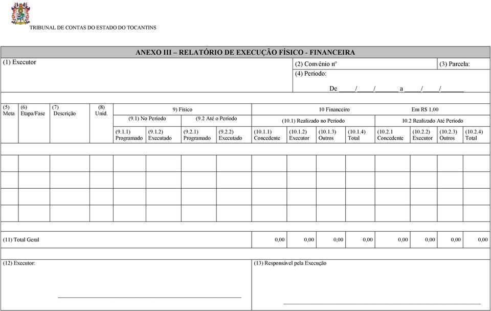 2 Realizado Até Período (9.1.1) Programado (9.1.2) Executado (9.2.1) Programado (9.2.2) Executado (10.1.1) Concedente (10.1.2) Executor (10.1.3) Outros (10.1.4) Total (10.