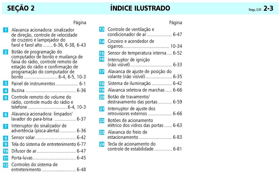 ..6-4, 6-5, 10-3 Painel de instrumentos... 6-1 Buzina... 6-36 Controle remoto do volume do rádio, controle mudo do rádio e telefone... 6-4, 10-3 Alavanca acionadora: limpador/ lavador do para-brisa.