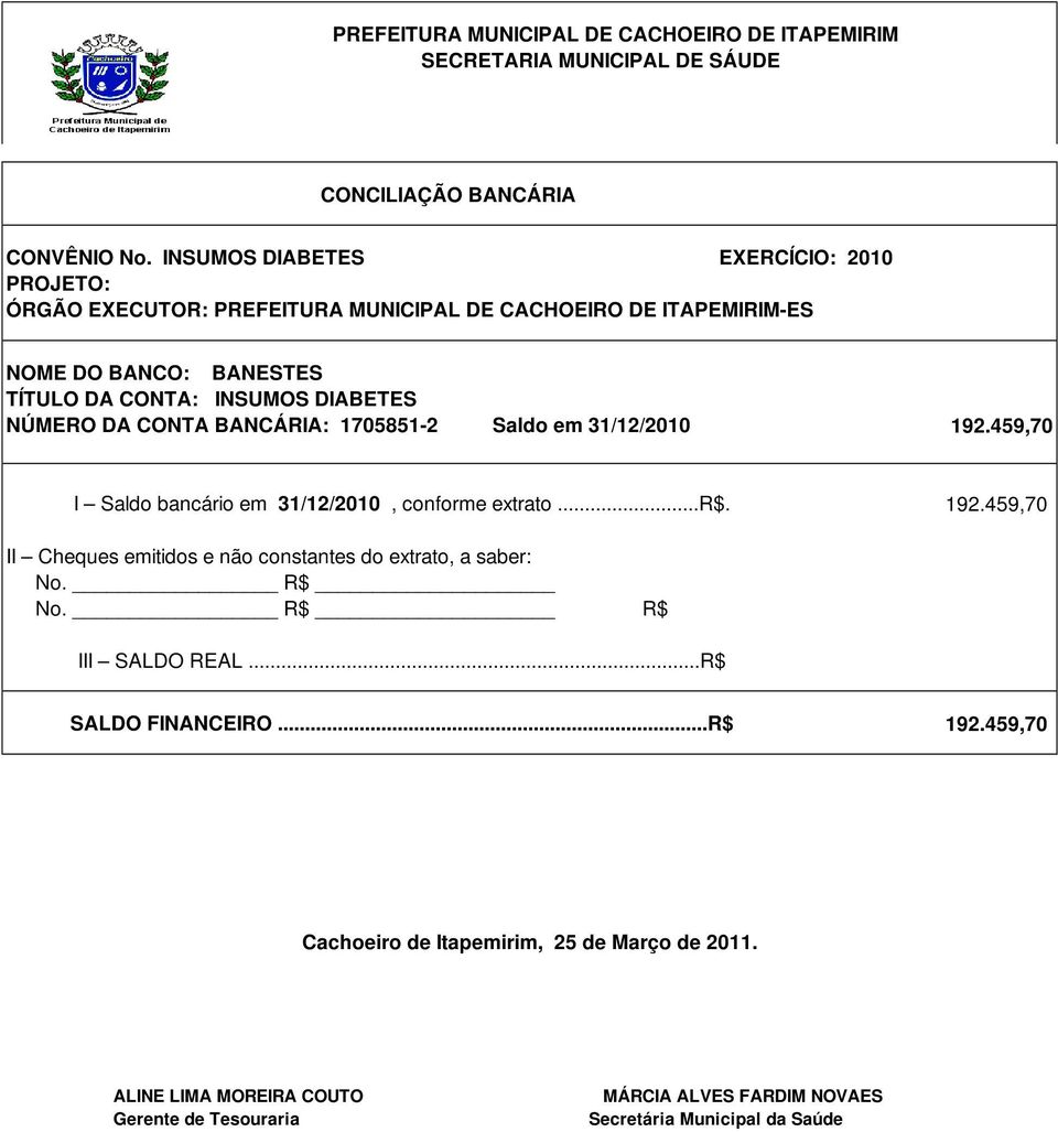 CONTA BANCÁRIA: 1705851-2 Saldo em 31/12/2010 I Saldo bancário em 31/12/2010, conforme