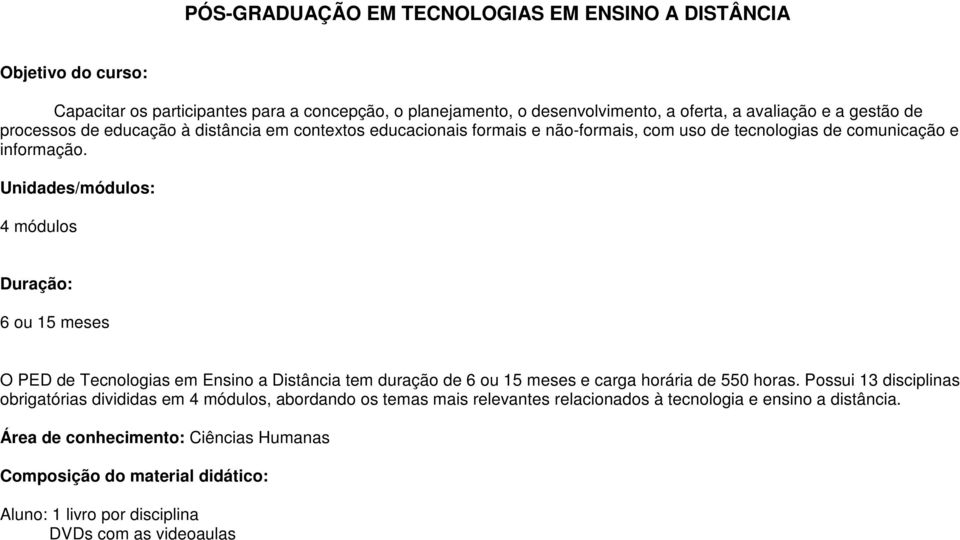 Unidades/módulos: 4 módulos Duração: 6 ou 15 meses O PED de Tecnologias em Ensino a Distância tem duração de 6 ou 15 meses e carga horária de 550 horas.