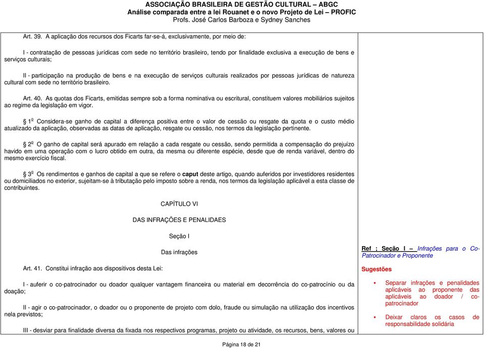 serviços culturais; II - participação na produção de bens e na execução de serviços culturais realizados por pessoas jurídicas de natureza cultural com sede no território brasileiro. Art. 40.