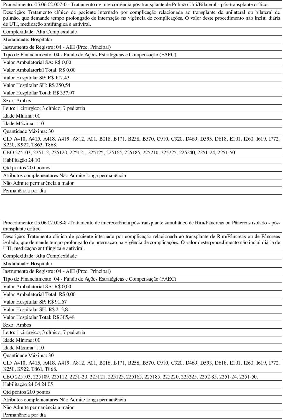 complicações. O valor deste procedimento não inclui diária de UTI, medicação antifúngica e antiviral.