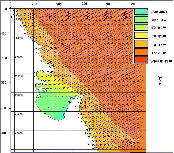 17 Figura 4 - Padrão de chegada das ondas de NE (45 a partir do N, 0 ) na Baía do Espírito Santo, onde as setas indicam o sentido e a direção do trem de ondas e as cores indicam a altura das ondas.