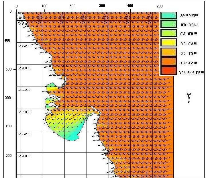 18 Figura 5 - Padrão de chegada das ondas de ESE (105 a partir do N, 0 ) na Baía do Espírito Santo, onde as setas indicam o sentido e a direção do trem de ondas e as cores indicam a altura das ondas.
